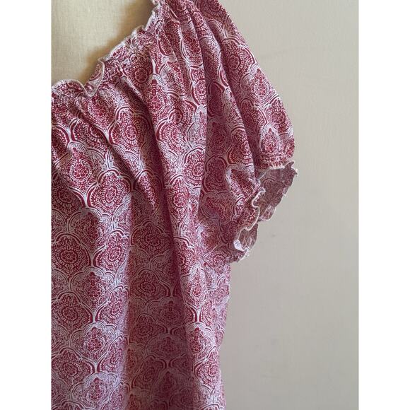 Ellos Peasant Blouse 1X 22/24 Apple Red Medallion Ruffle Trim Cap Sleeve Boho - Picture 7 of 12